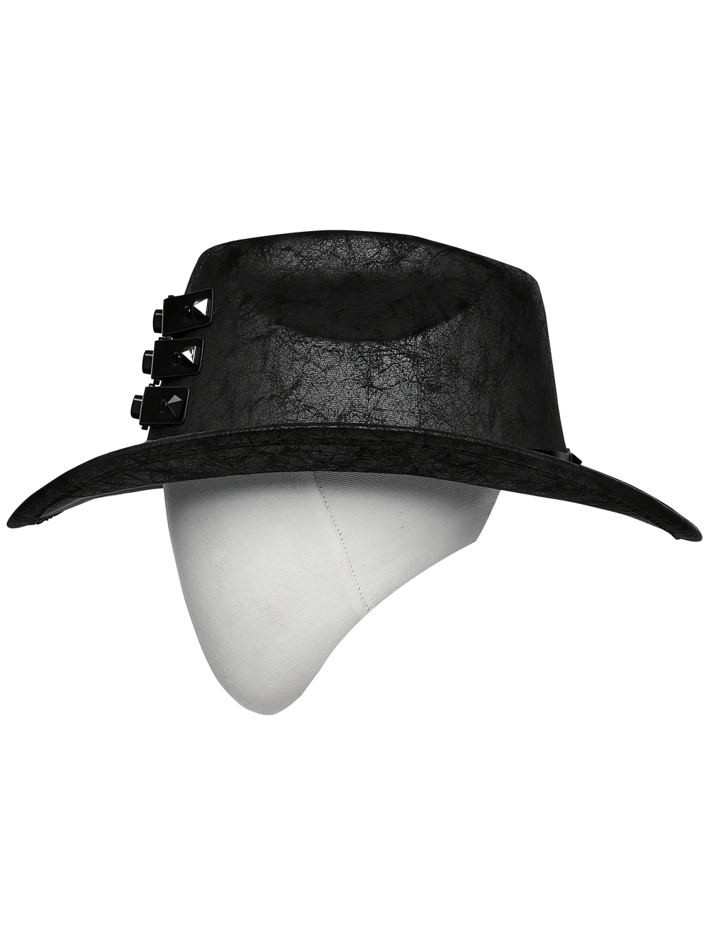 Black suede steampunk hat featuring triple buckle straps and a structured brim for a bold, punk style accessory.