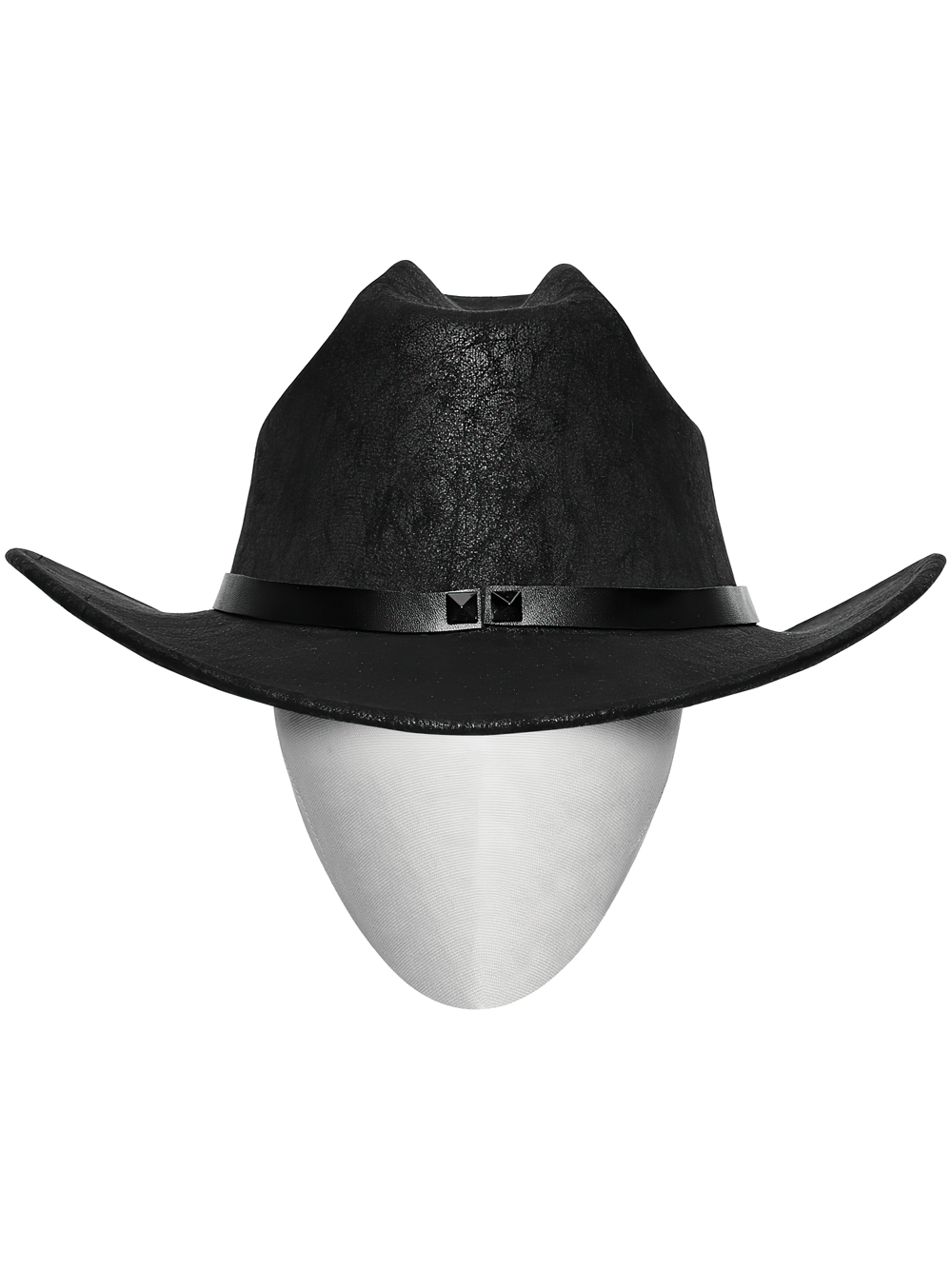 Black suede steampunk hat with triple buckle straps, featuring rivets and a structured brim for punk and gothic styles.