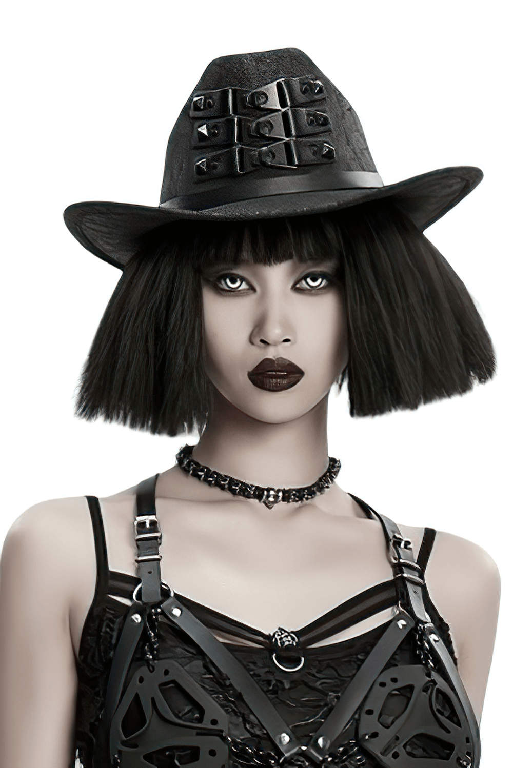 Black suede steampunk hat with triple buckle straps, styled with punk and gothic fashion.