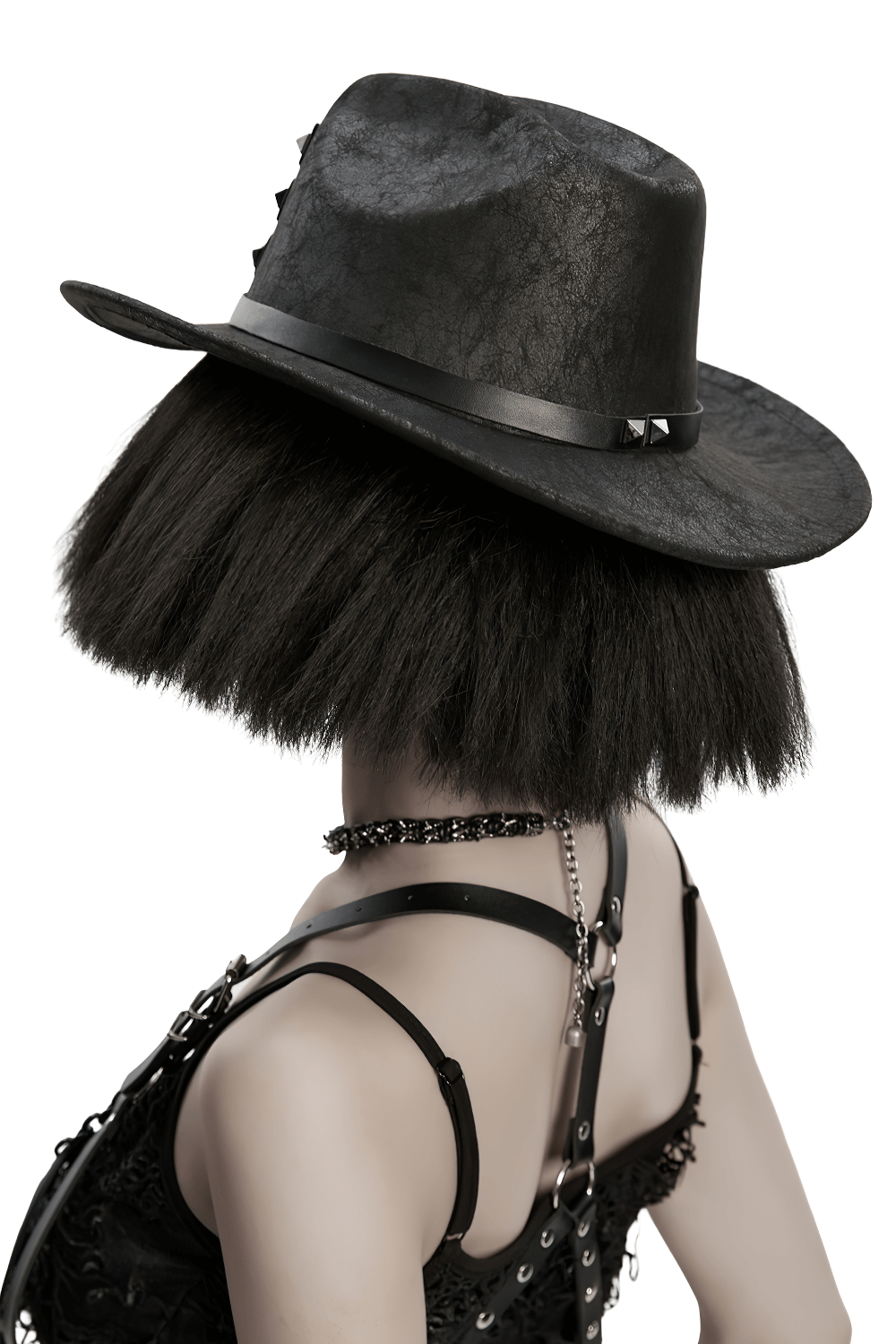 Black suede steampunk hat with triple buckle straps, perfect for gothic and punk styles.