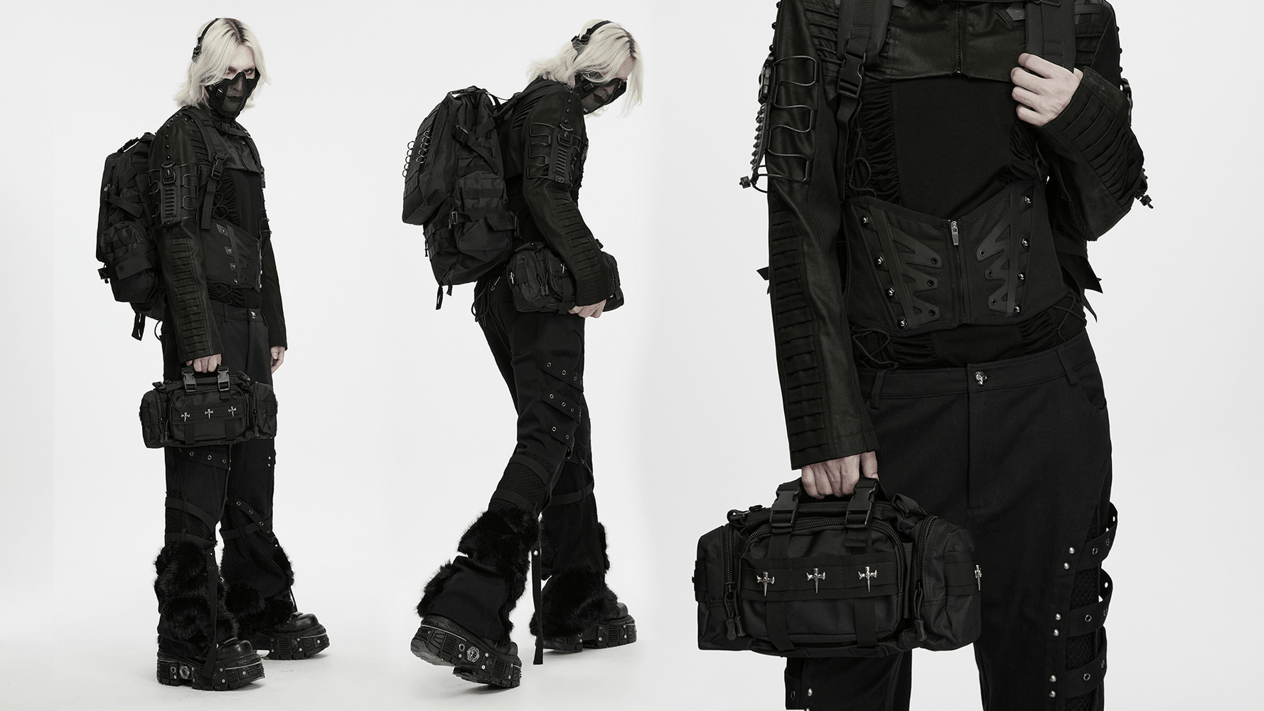 Schwarzer taktischer Rucksack mit Gurtbändern und Taschen