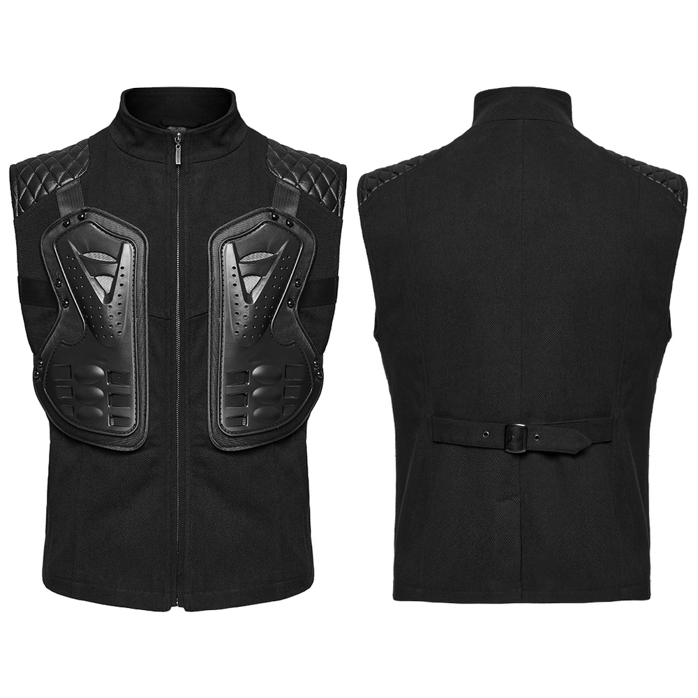 Black tactical vest featuring 3D rubber armor panels and glossy patchwork for a futuristic cyberpunk style.