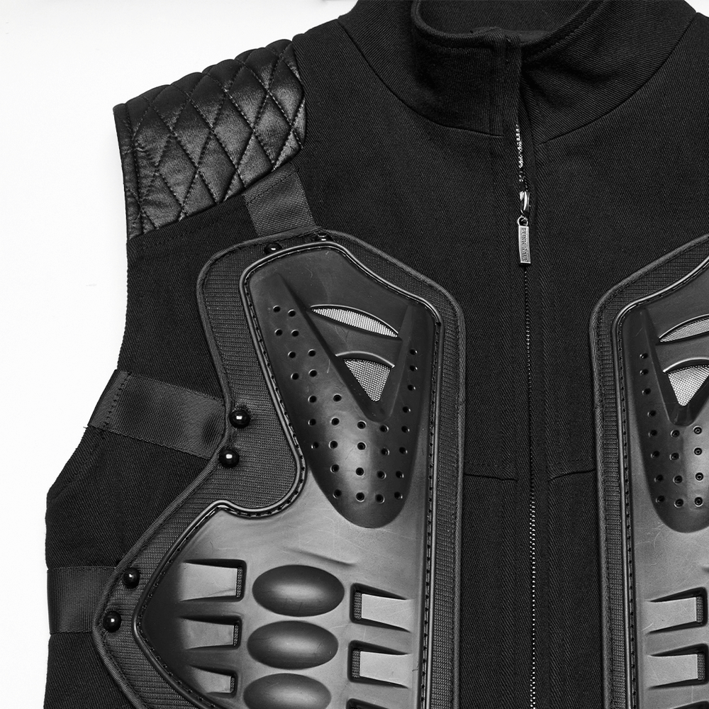 Black tactical vest with glossy rubber armor panels and quilted shoulder detail for a cyberpunk look.
