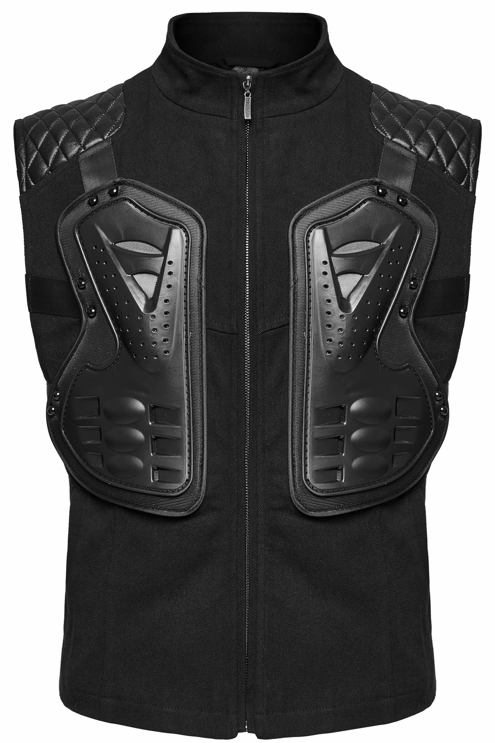 Black tactical vest featuring 3D rubber armor panels and glossy diamond patchwork for a cyberpunk look.