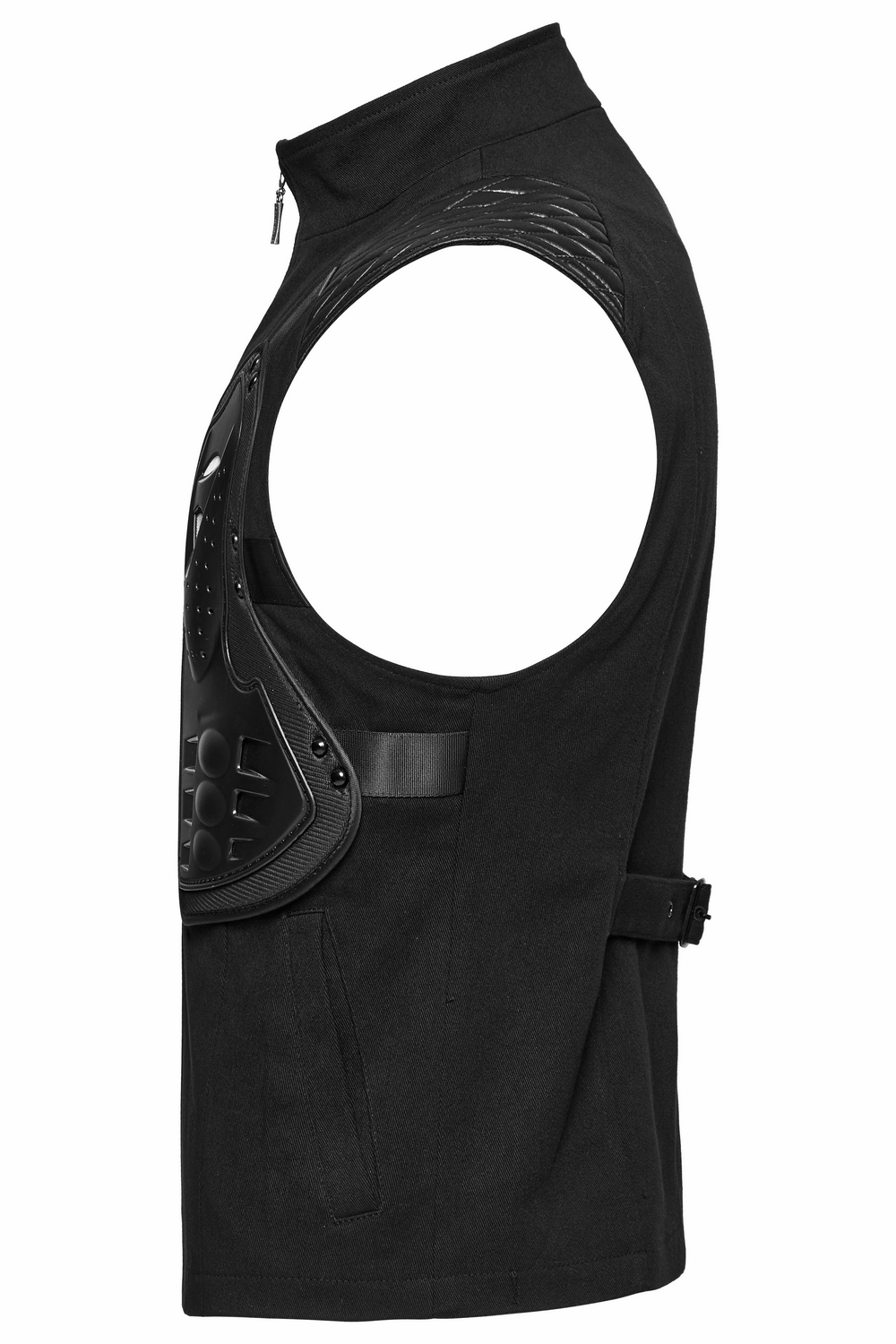 Side view of a black tactical vest featuring 3D rubber armor panels and a sleek, modern design.