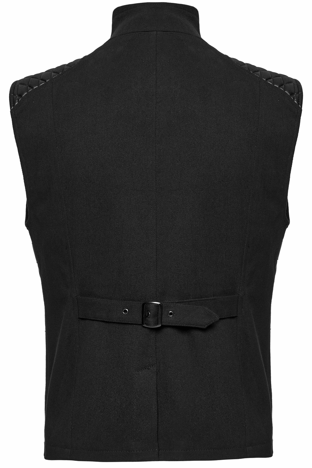 Back view of a black tactical vest featuring glossy rubberized diamond patchwork and a decorative belt detail.