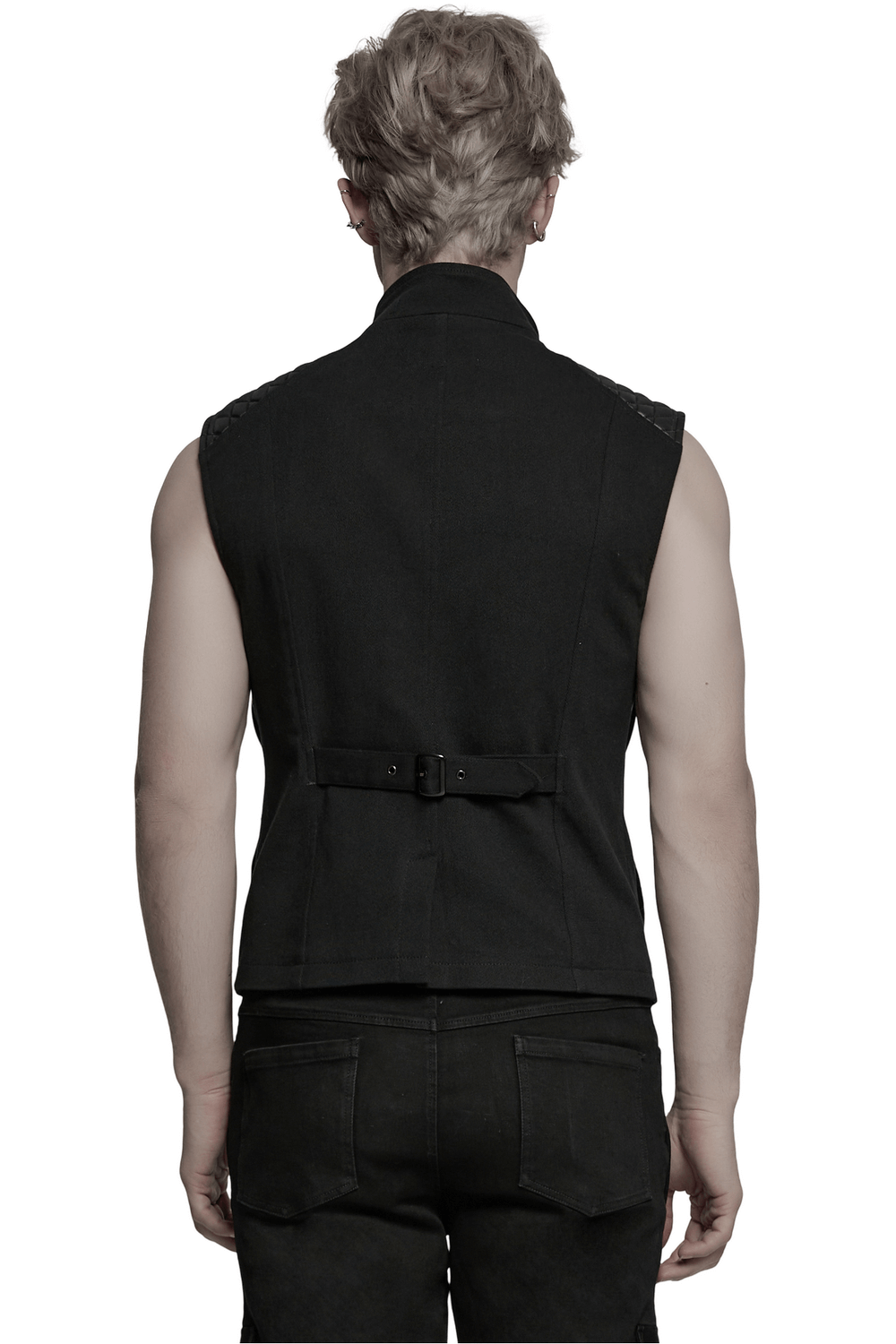 Back view of a black tactical vest with a sleek design and adjustable buckle detail, perfect for cyberpunk style.