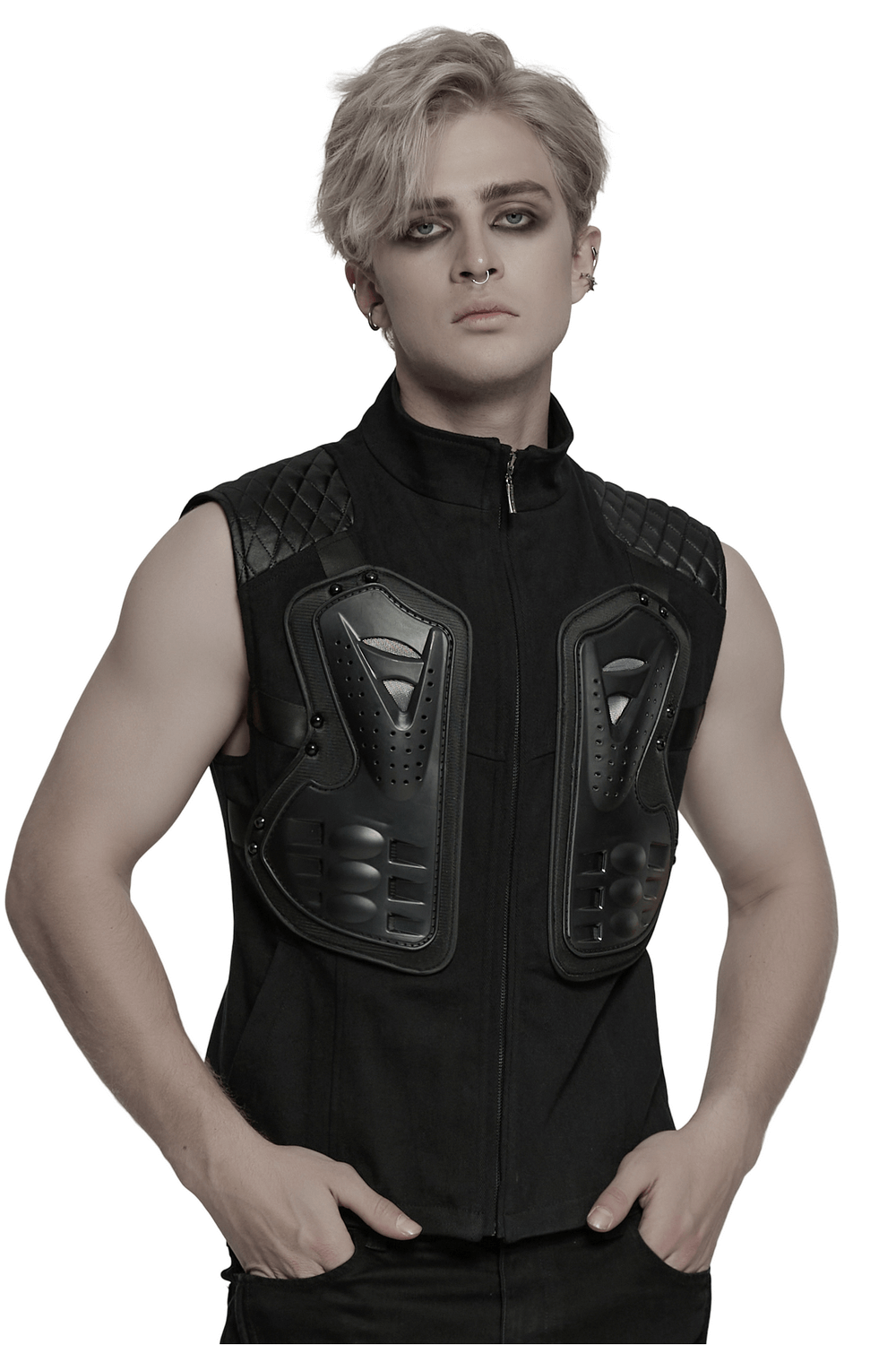 Cyberpunk black tactical vest with 3D rubber armor panels and glossy patchwork, perfect for futuristic streetwear.