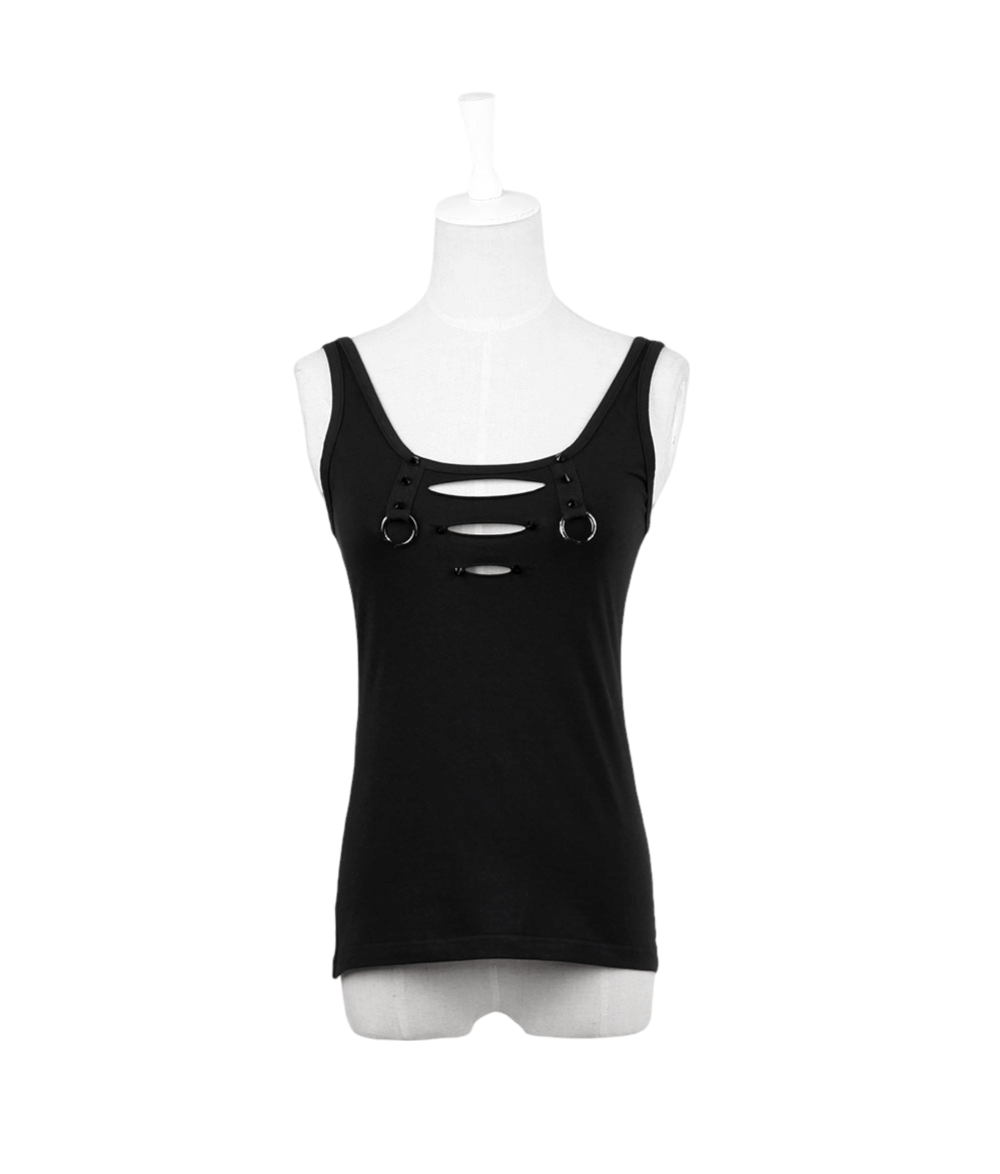 Edgy black tank top with cutout back and ring detail, perfect for summer styling.