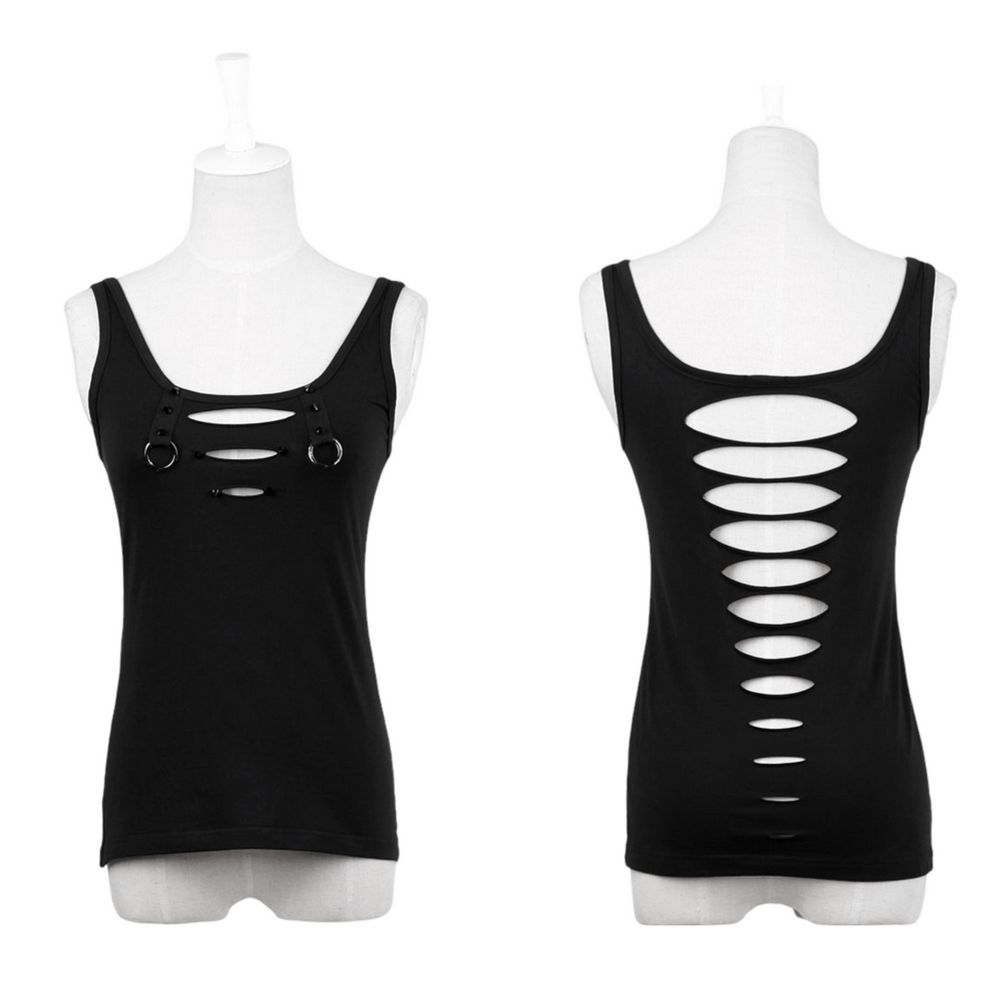 Black tank top with cutout back and ring detail, perfect for a trendy summer outfit.