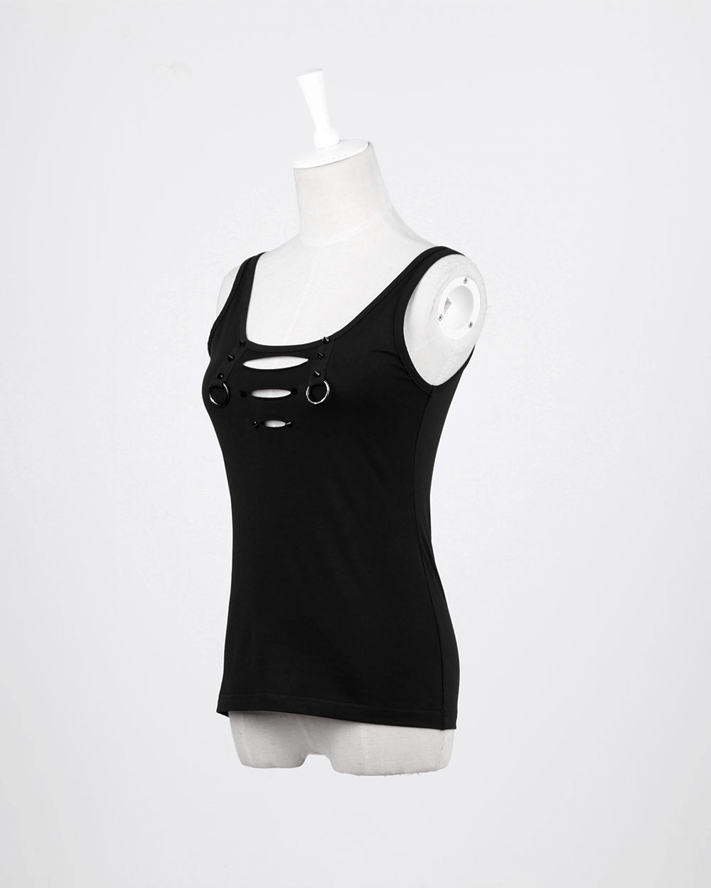 Edgy black tank top with cutout back and ring detail, perfect for summer styling and showing off skin.
