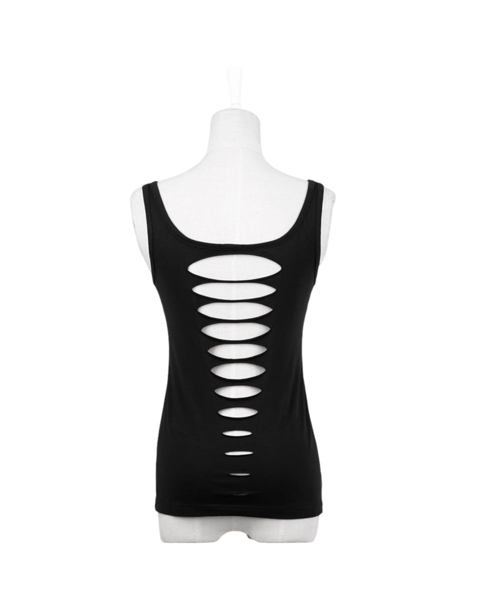 Edgy black tank top showcasing a daring cutout back with ring detail, perfect for summer styling.