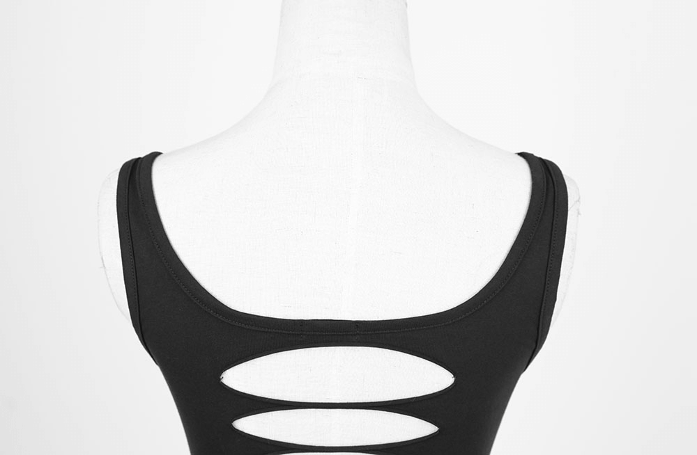 Edgy black tank top featuring a cutout back design, perfect for summer styling and showcasing skin.