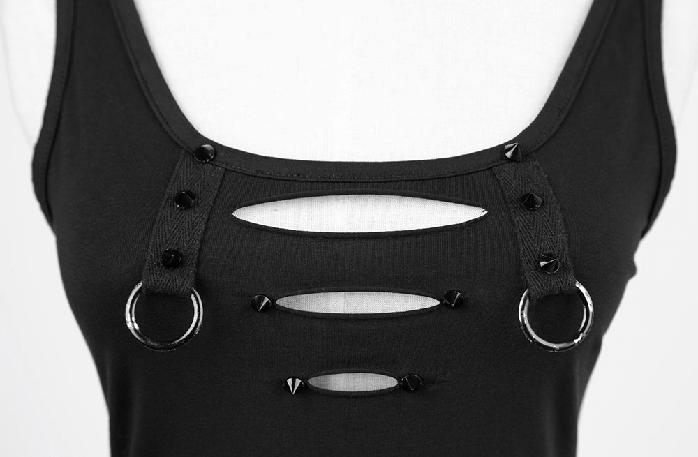 Edgy black tank top featuring cutout back and ring detail, perfect for summer outfits and stylish looks.