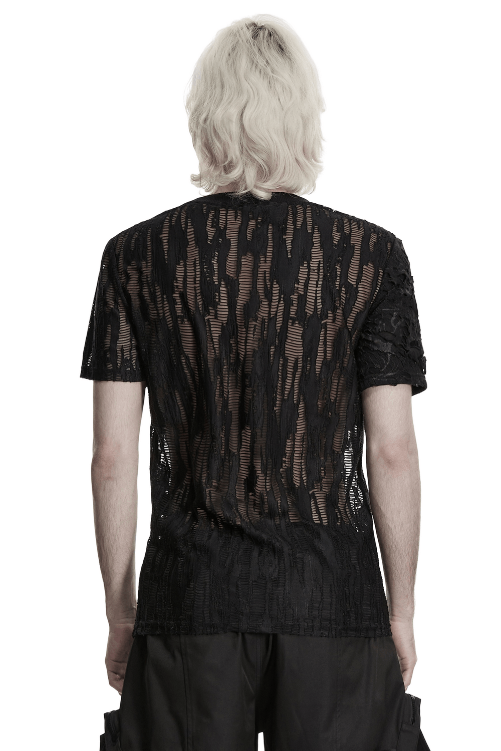 Black Tattered Mesh Punk T-shirt with Shoulder Lacing, back view showcasing its edgy design and unique lacing details.