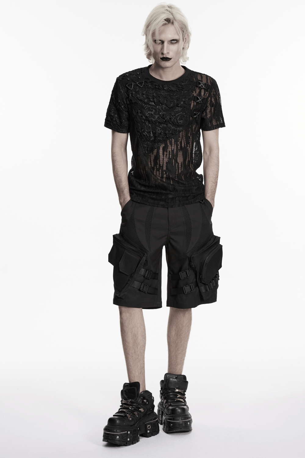 Black Tattered Mesh Punk T-shirt with Shoulder Lacing worn with stylish cargo shorts
