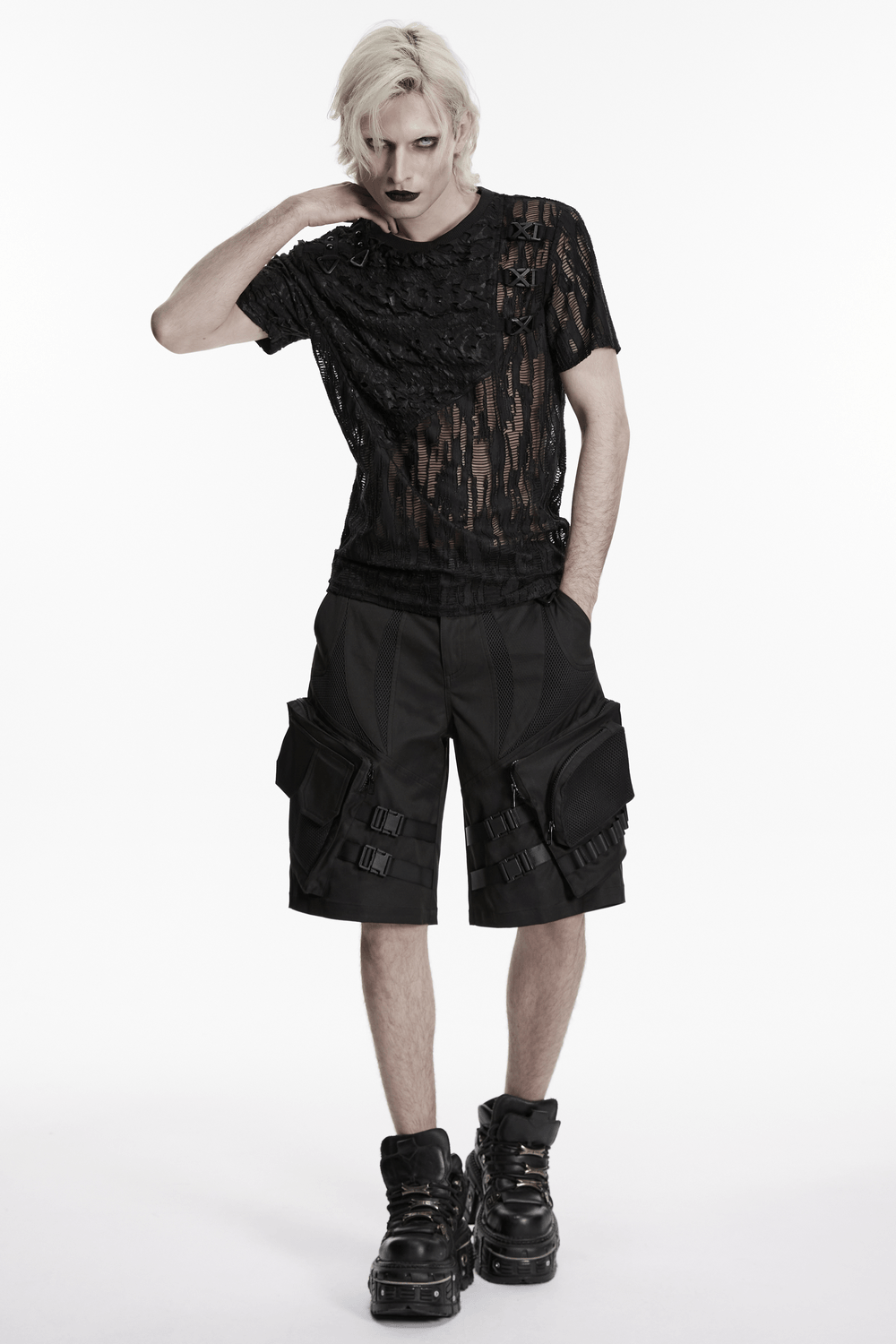 Black Tattered Mesh Punk T-shirt with Shoulder Lacing worn with stylish black cargo shorts.