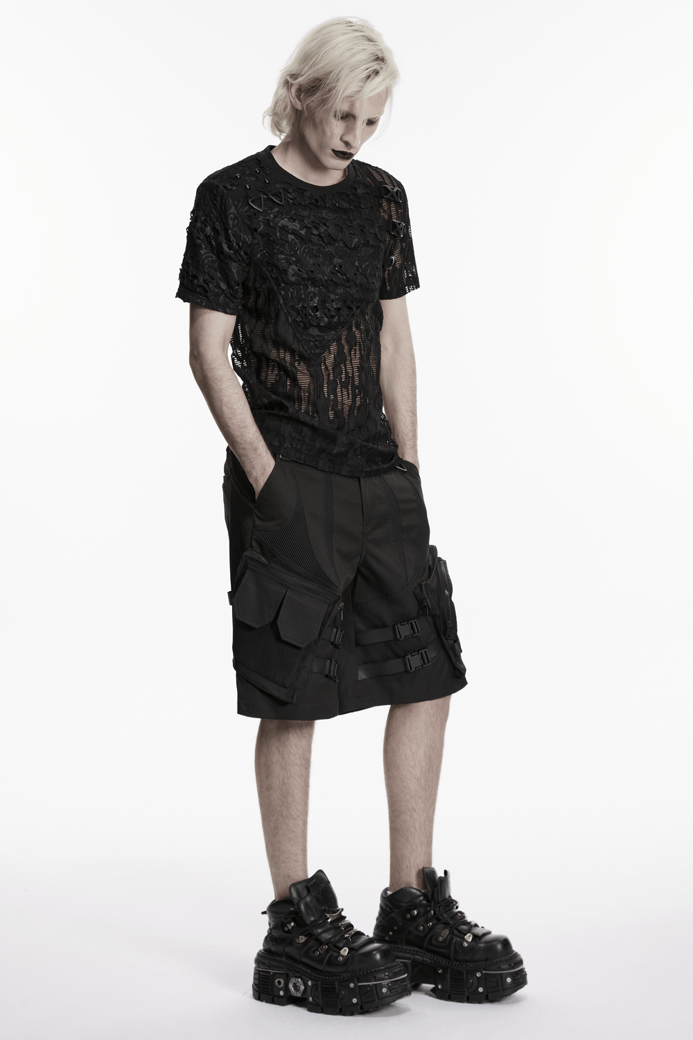 Black Tattered Mesh Punk T-shirt with Shoulder Lacing worn by a model with unique style.