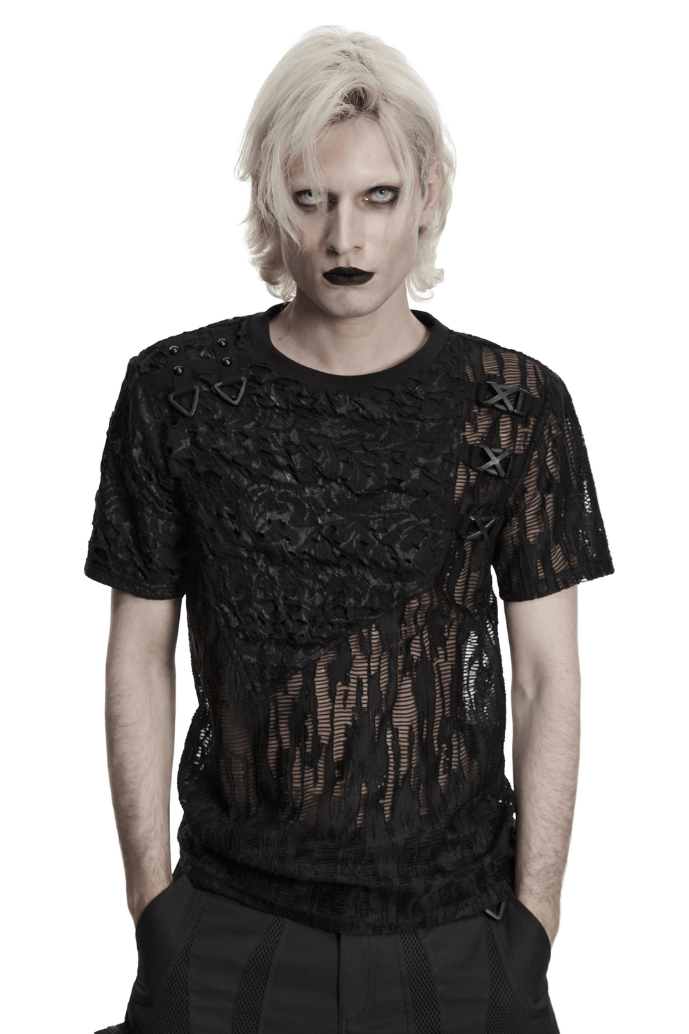 Black Tattered Mesh Punk T-shirt with Shoulder Lacing, showcasing edgy design and unique aesthetic.