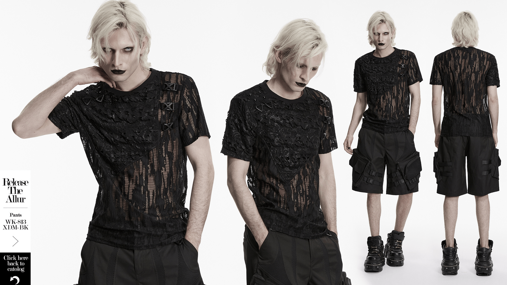 Black Tattered Mesh Punk T-shirt with Shoulder Lacing worn by model showcasing unique design from different angles.