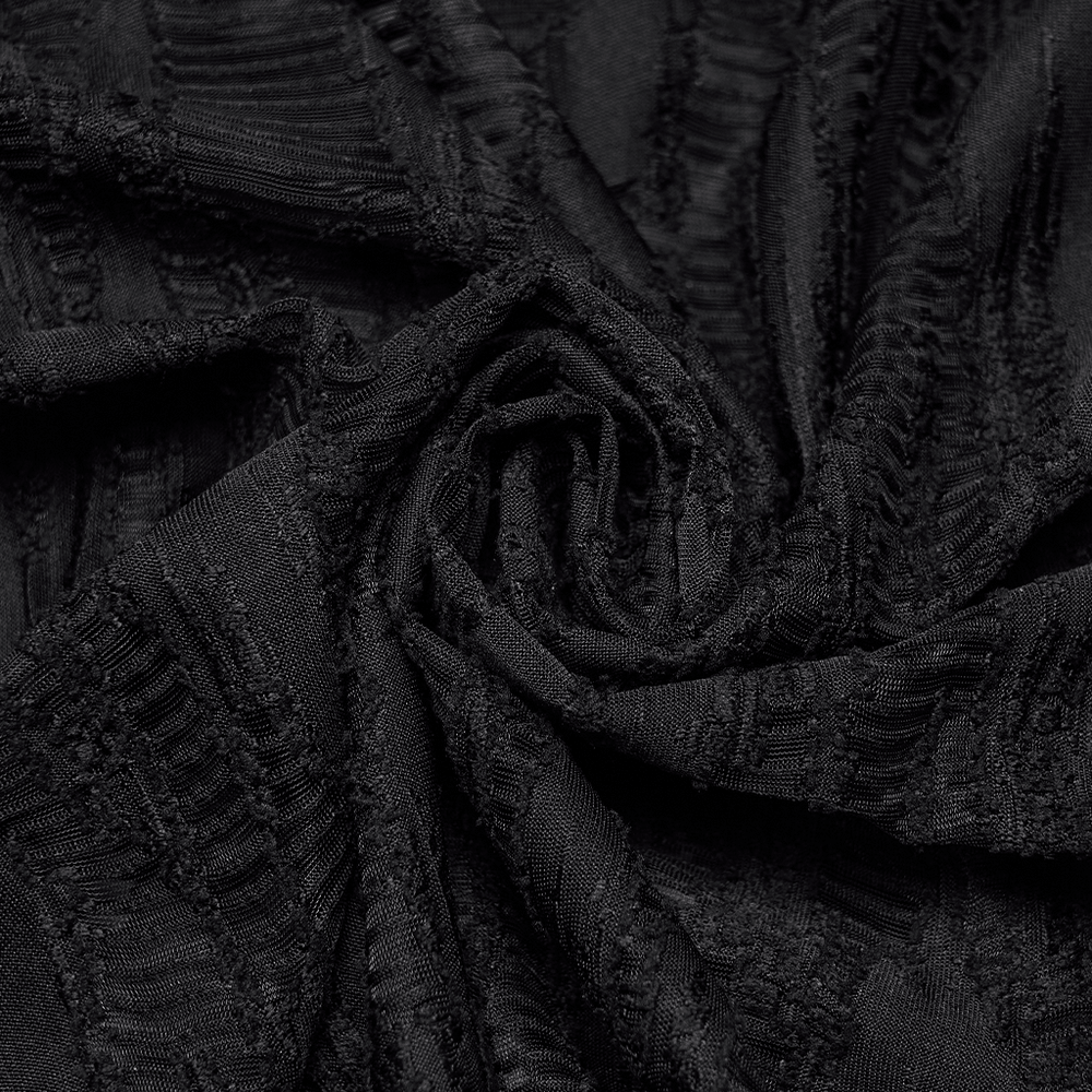 Close-up of fabric showcasing the texture of the Black Tattered Mesh Punk T-shirt with Shoulder Lacing.