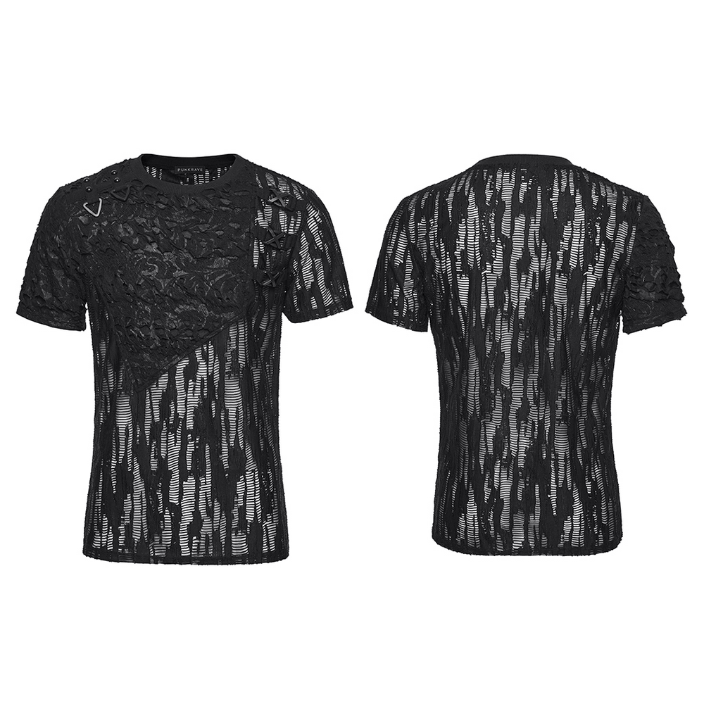 Black Tattered Mesh Punk T-shirt with Shoulder Lacing showcasing a unique design from front and back views.