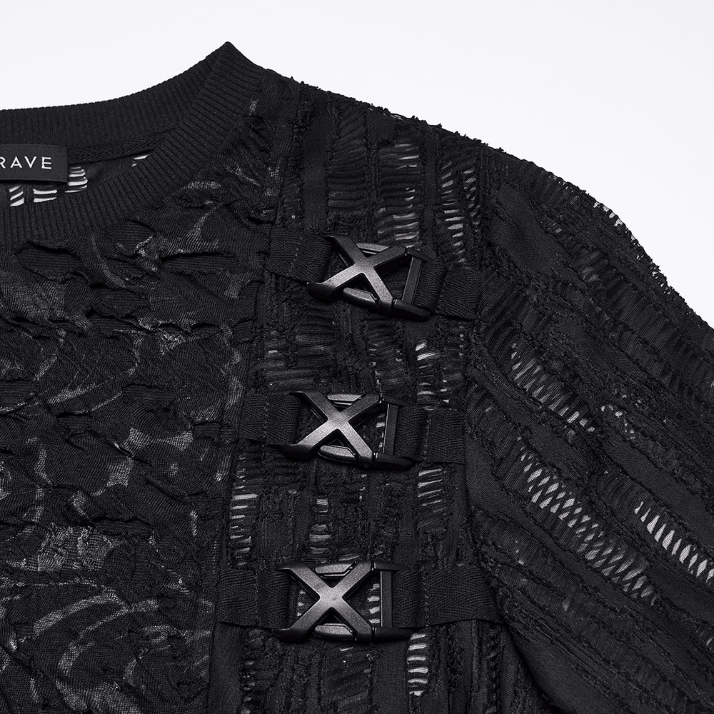 Black Tattered Mesh Punk T-shirt with Shoulder Lacing featuring unique shoulder detail and edgy design.