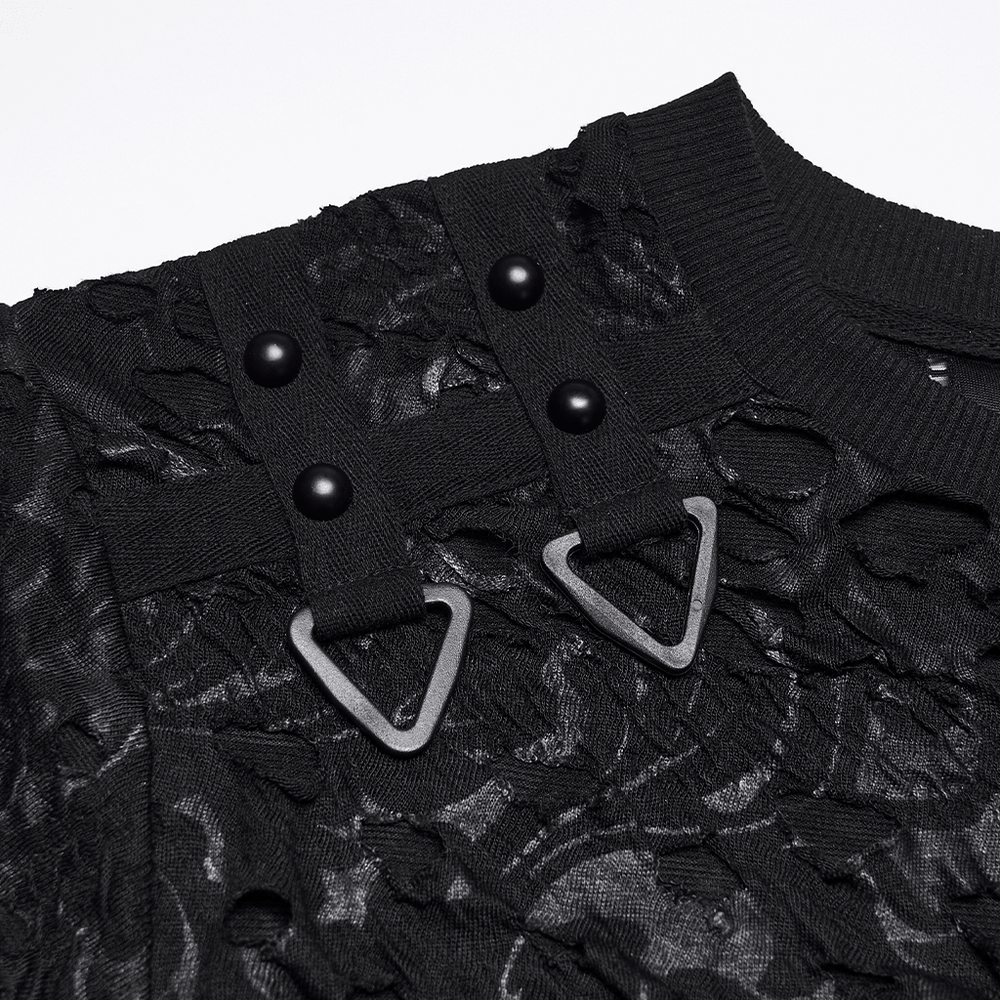 Black Tattered Mesh Punk T-shirt with Shoulder Lacing close-up showing unique detailing and edgy design.