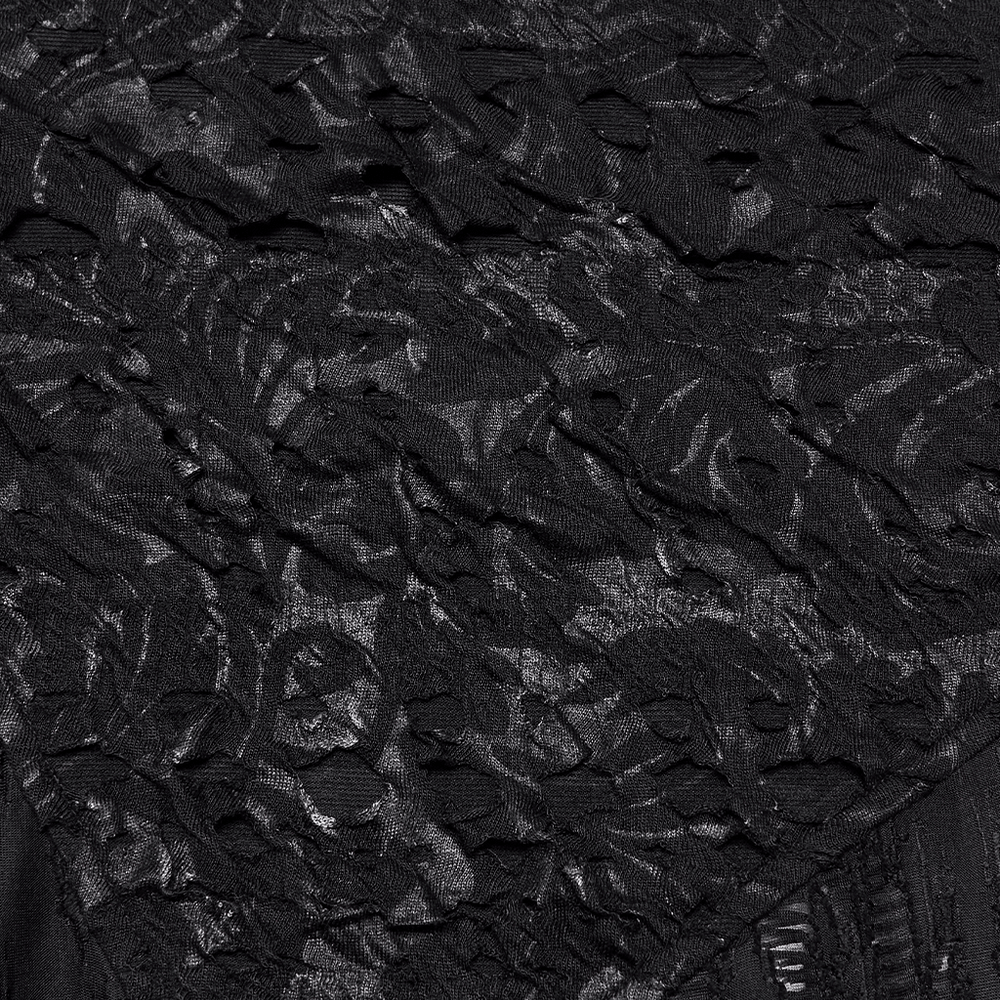 Black Tattered Mesh Punk T-shirt with Shoulder Lacing fabric detail close-up