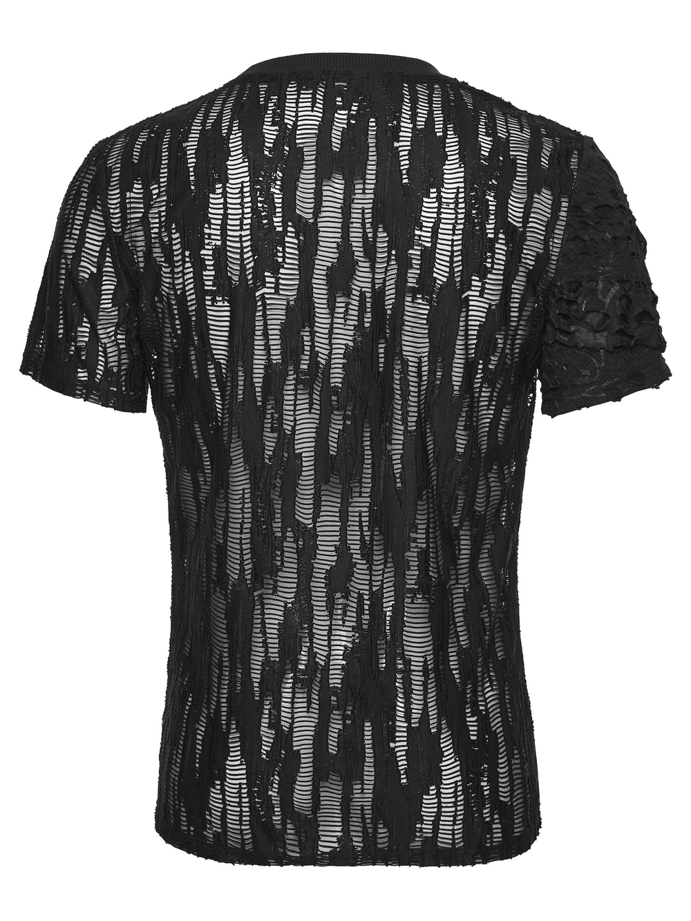 Black Tattered Mesh Punk T-shirt with Shoulder Lacing - Back view showcasing unique design and edgy style.