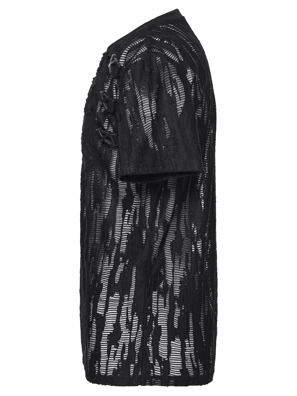 Black Tattered Mesh Punk T-shirt with Shoulder Lacing, showcasing a unique side view design and edgy style.