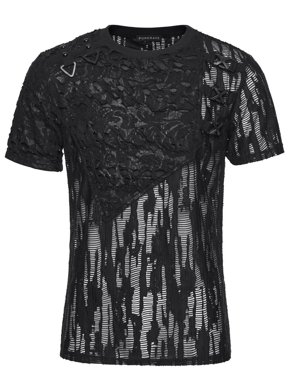 Black Tattered Mesh Punk T-shirt with Shoulder Lacing displayed against a white background.