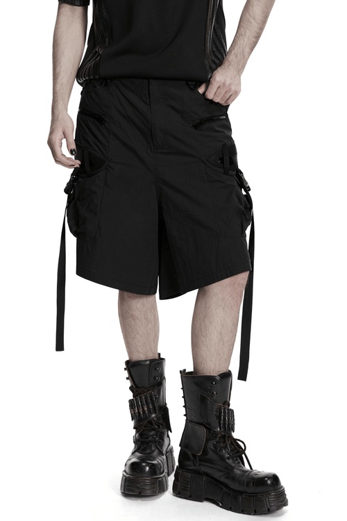 Black Techwear Cargo Shorts With Hanging Straps