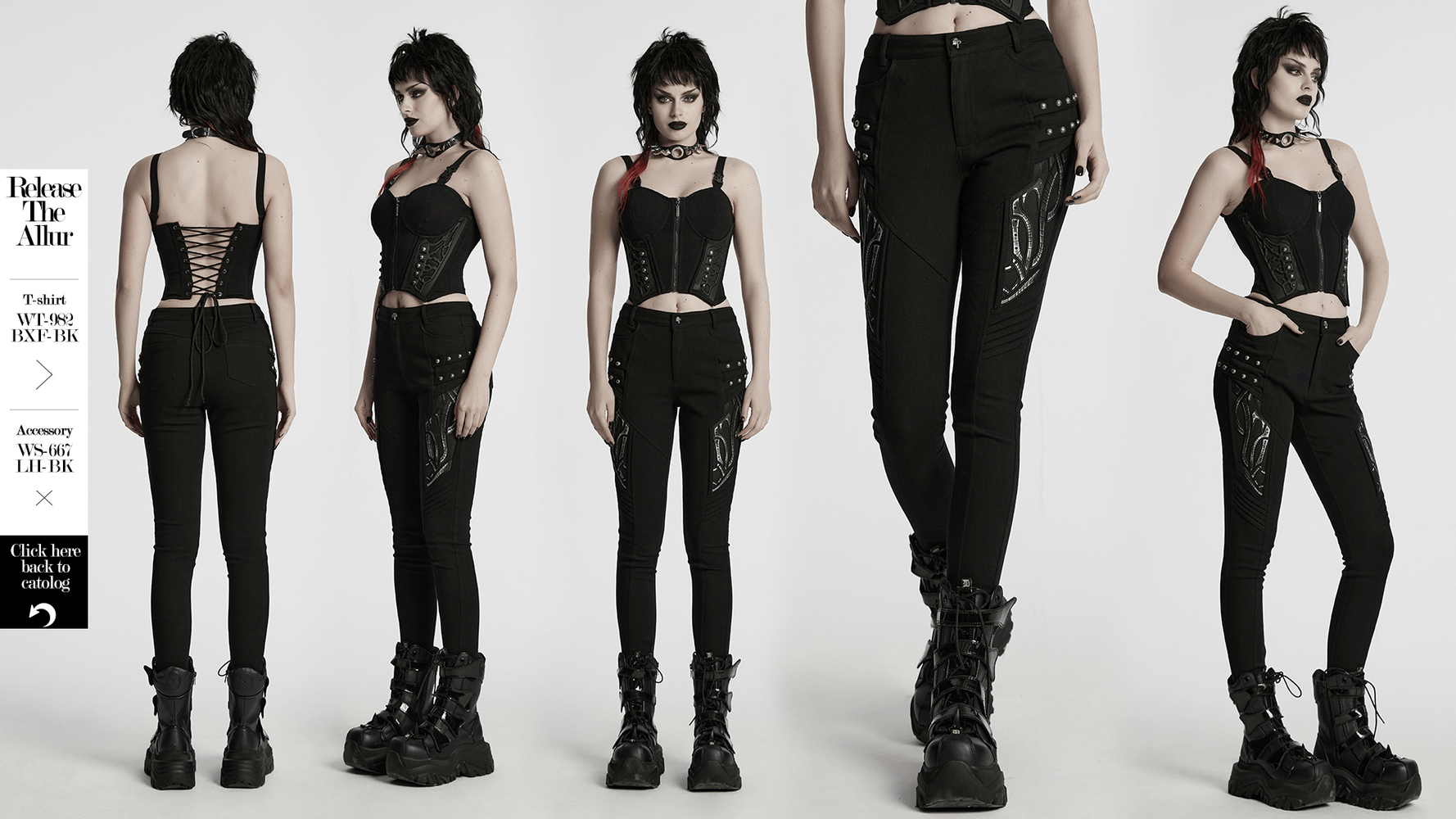 Black techwear trousers with unique rubber patch details, stylishly showcased from multiple angles.