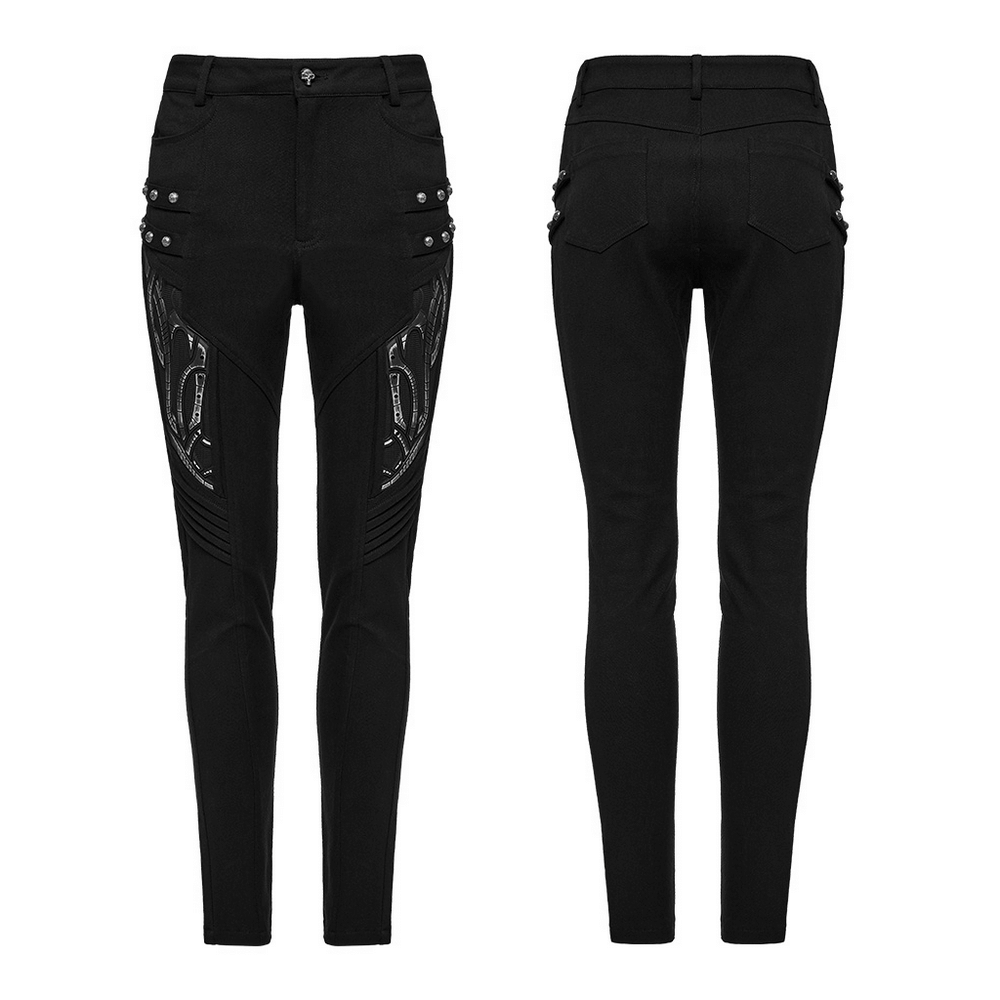 Black techwear trousers featuring rubber patch details and stylish side accents for a modern look.