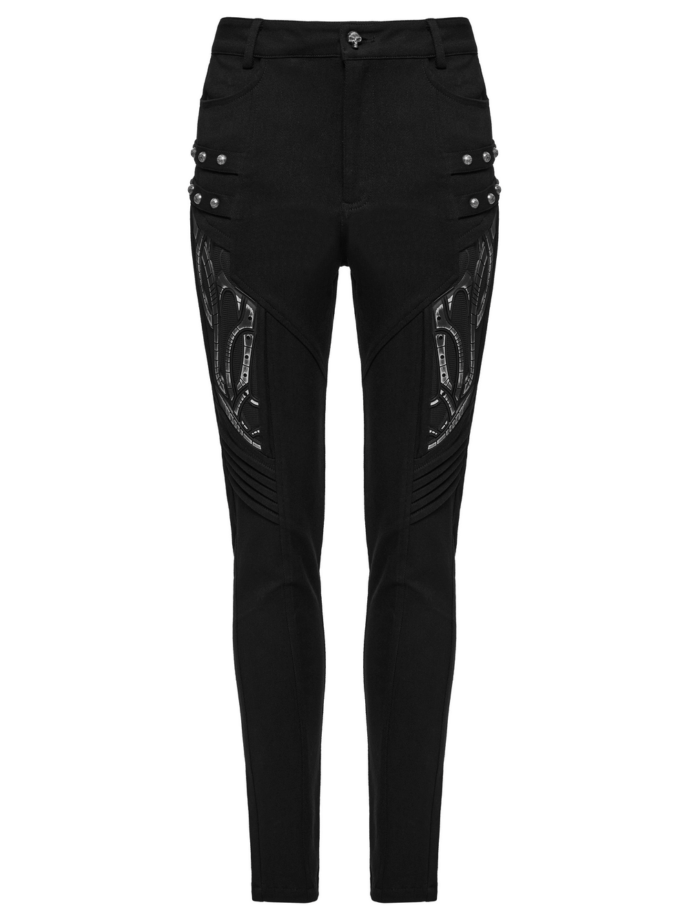 Stylish black techwear trousers featuring edgy rubber patch details and a sleek design for modern fashion.
