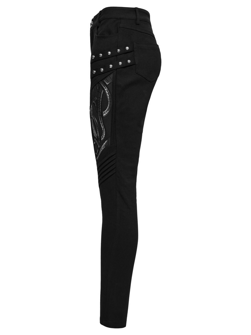 Side view of black techwear trousers featuring striking rubber patch details and studded accents.