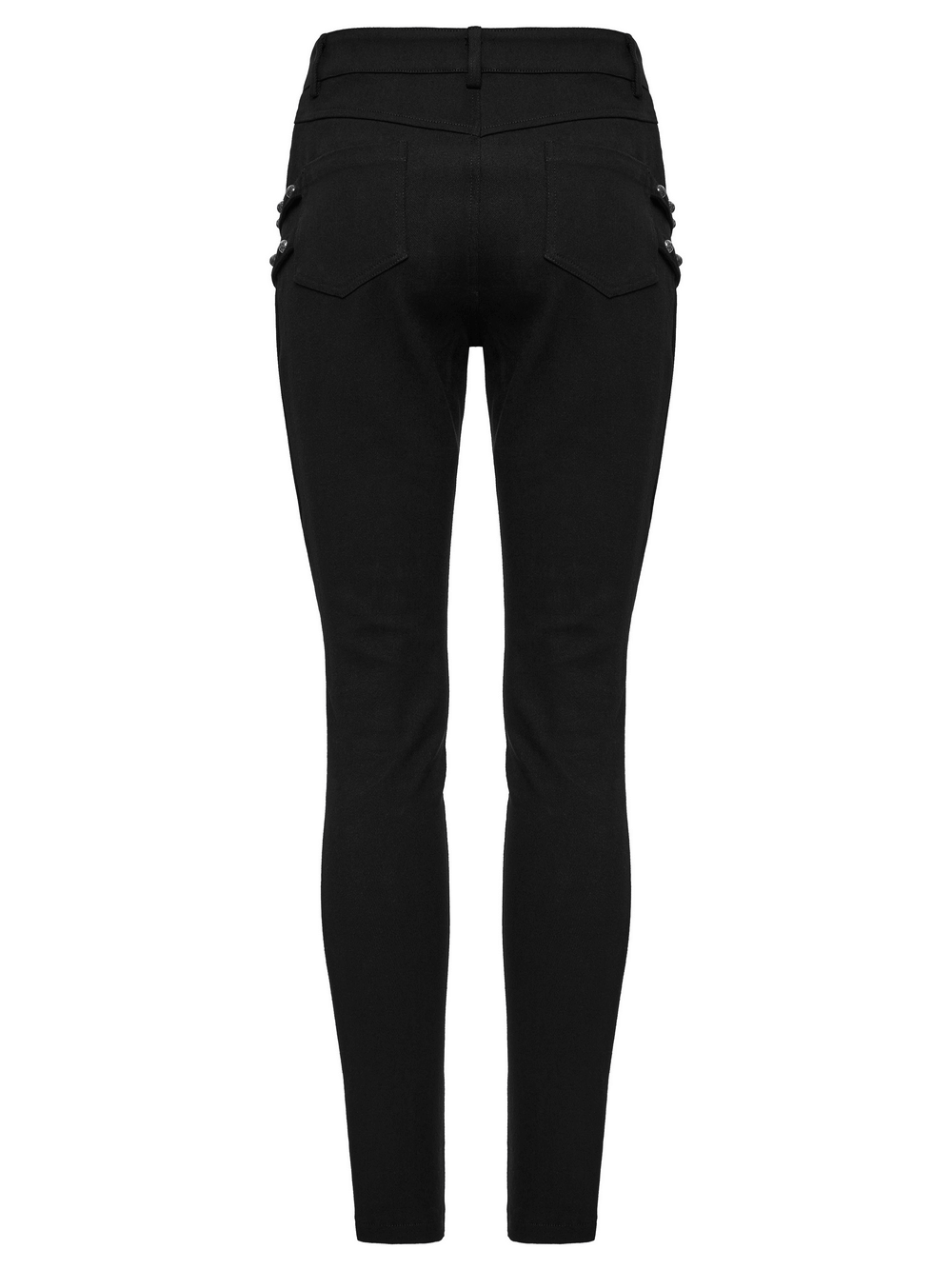 Back view of black techwear trousers featuring stylish rubber patch details for a modern look.