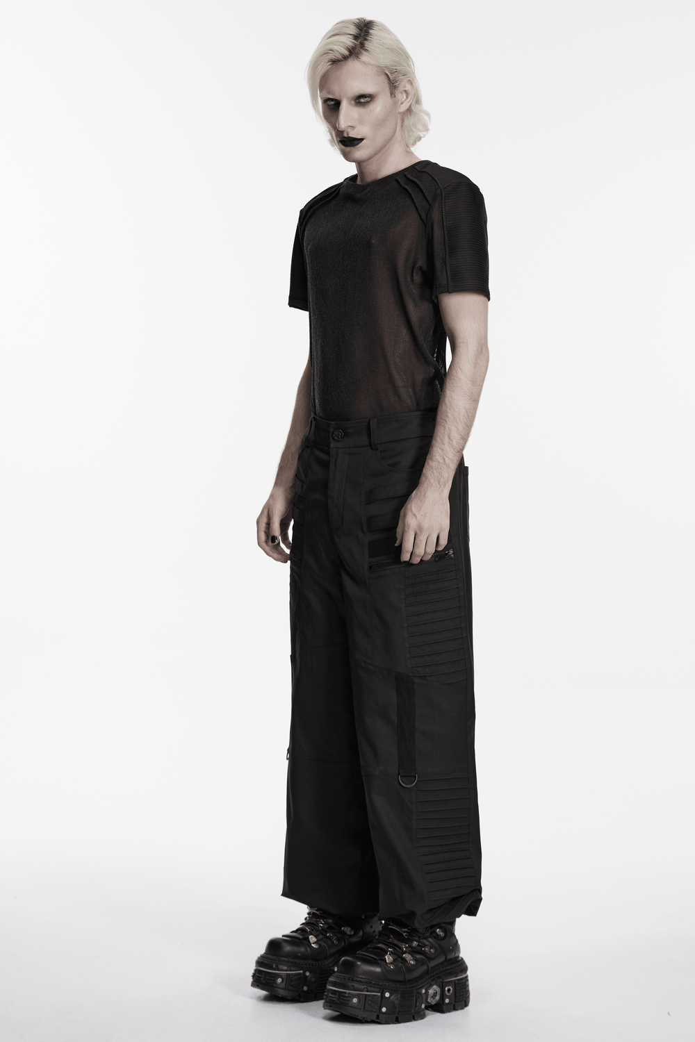 Black Techwear Wide Leg Pants with Pressed Strips showcased with a dark mesh top and platform boots.