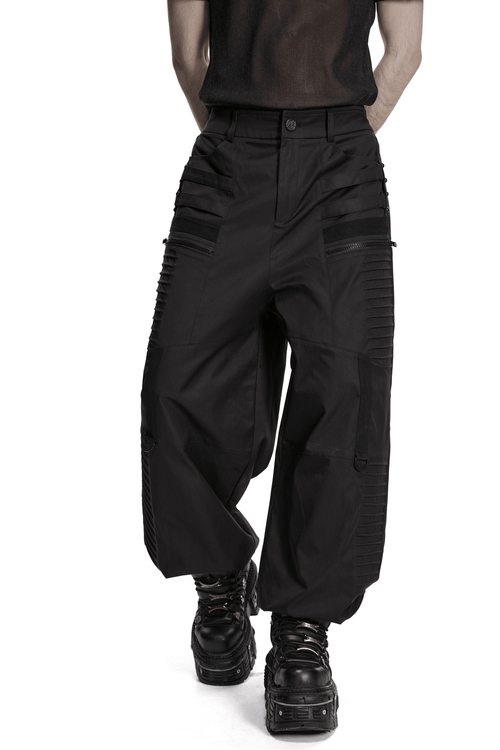 Pantalones Anchos Techwear Negros con Tiras Prensadas