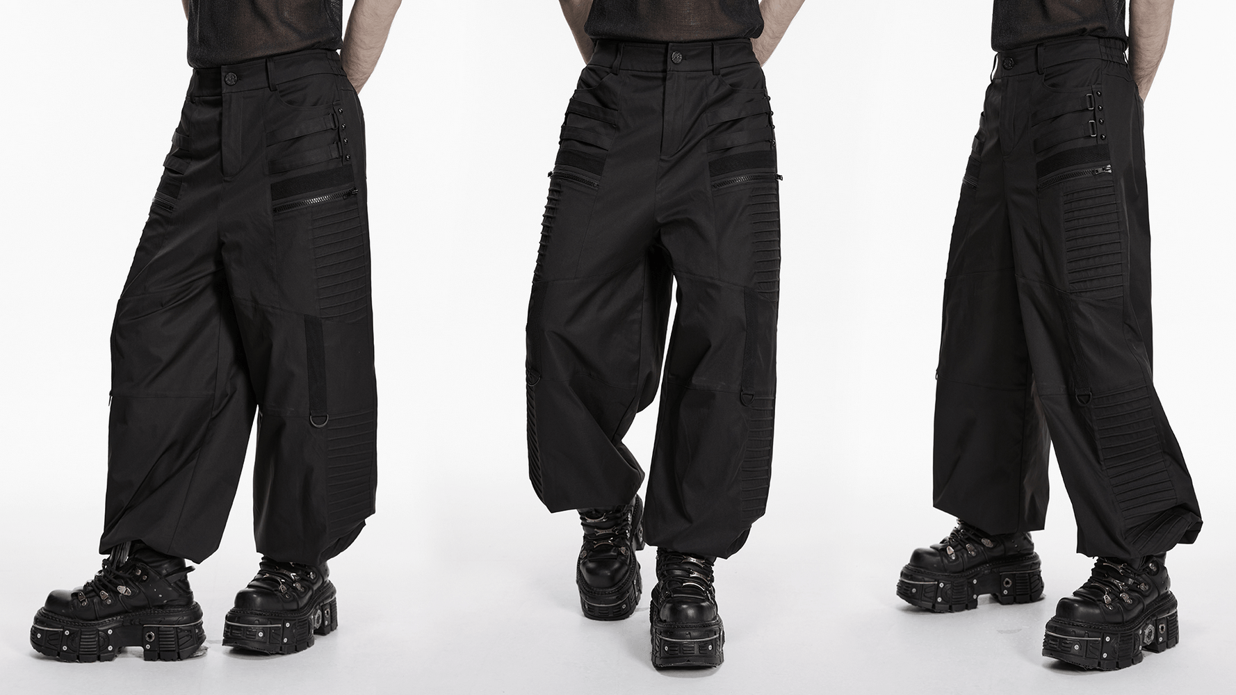Black Techwear Wide Leg Pants with Pressed Strips showcasing a loose streetwear fit and geometric paneling.