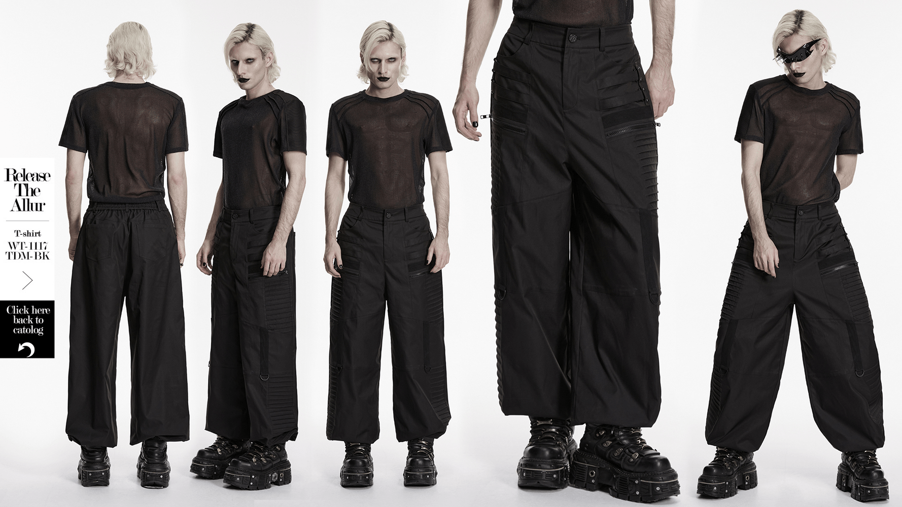Black Techwear Wide Leg Pants with Pressed Strips showcased in stylish fashion photography.