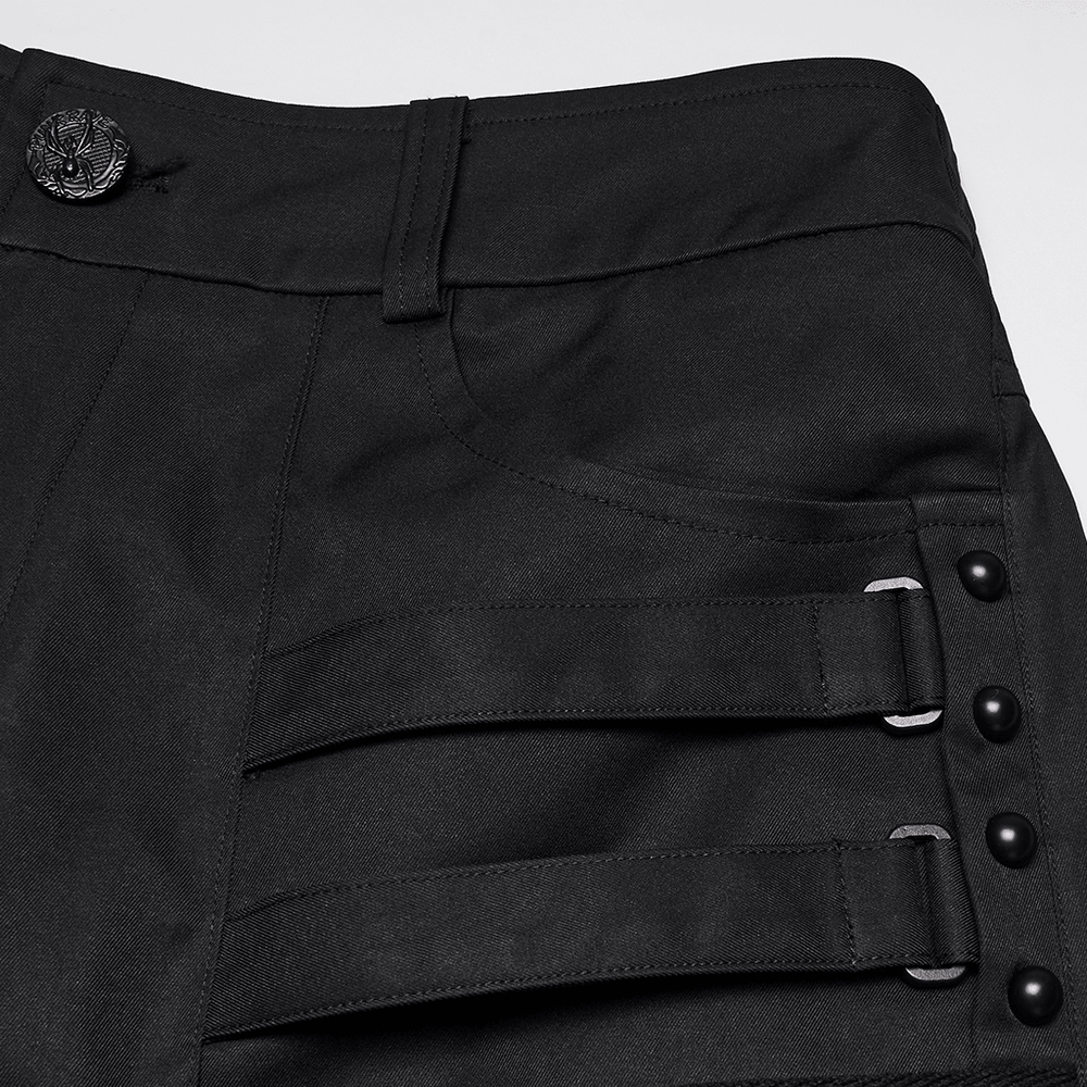 Black Techwear Wide Leg Pants with Pressed Strips close-up showing unique side strap design and button details.