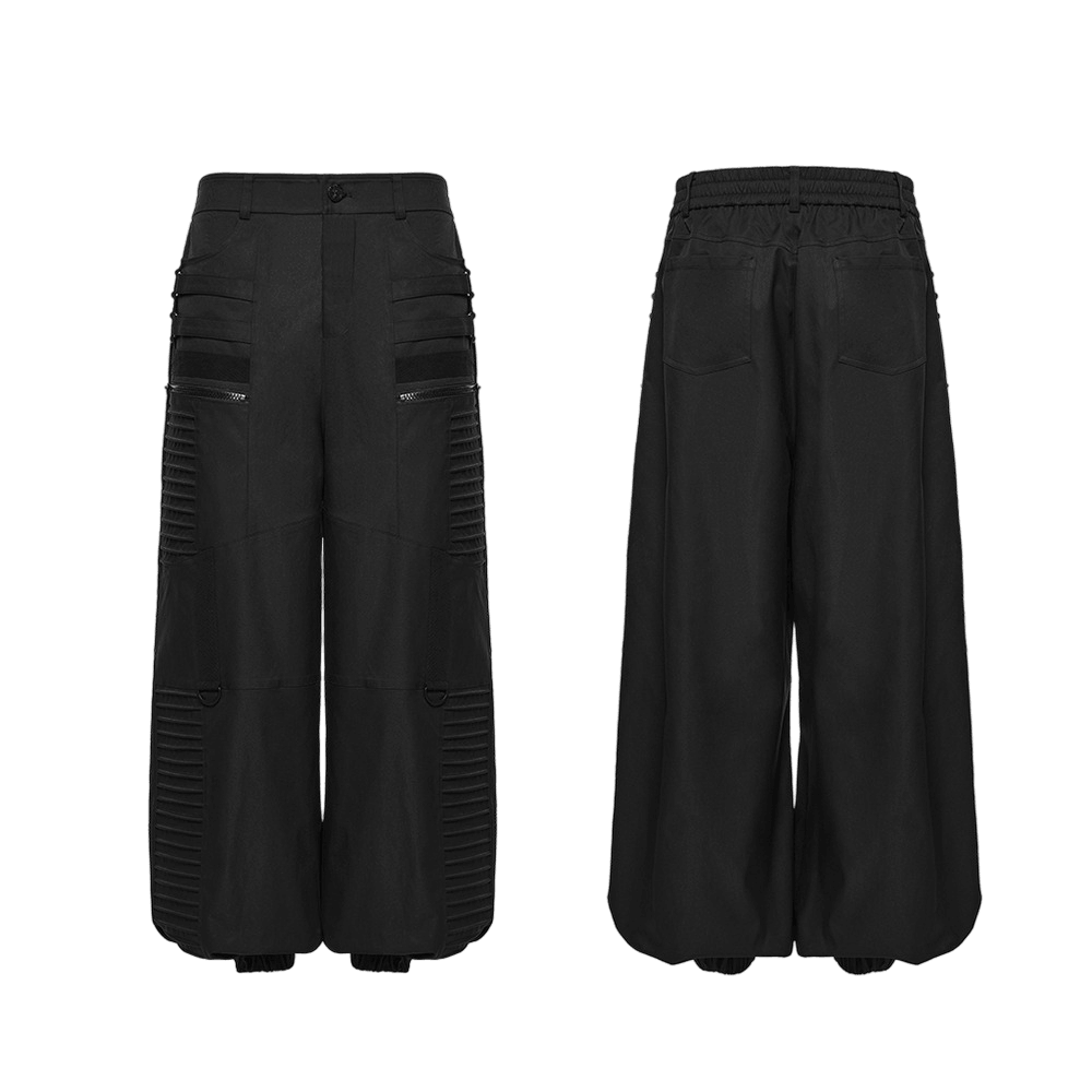 Black Techwear Wide Leg Pants with Pressed Strips showcasing a loose streetwear fit and unique paneling design.