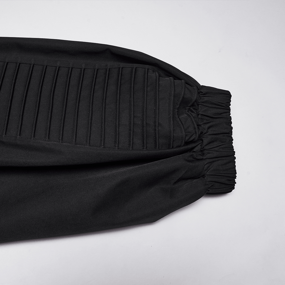 Black Techwear Wide Leg Pants with Pressed Strips showcasing ankle cinching and 3D pressed strips on side.