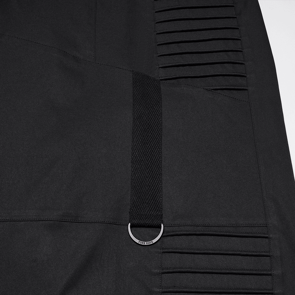 Close-up of Black Techwear Wide Leg Pants with Pressed Strips showcasing pleats and a unique loop detail.