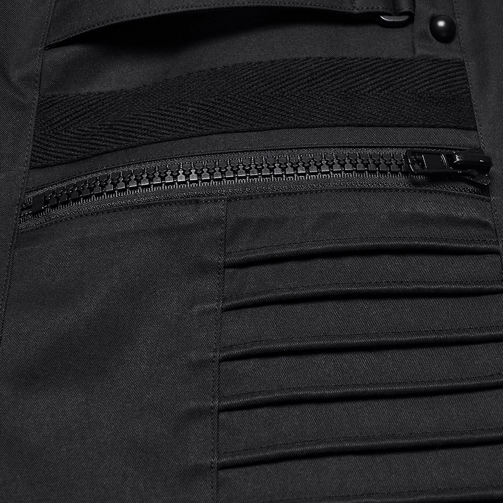 Detail of Black Techwear Wide Leg Pants with Pressed Strips featuring textured fabric and zipper pocket.