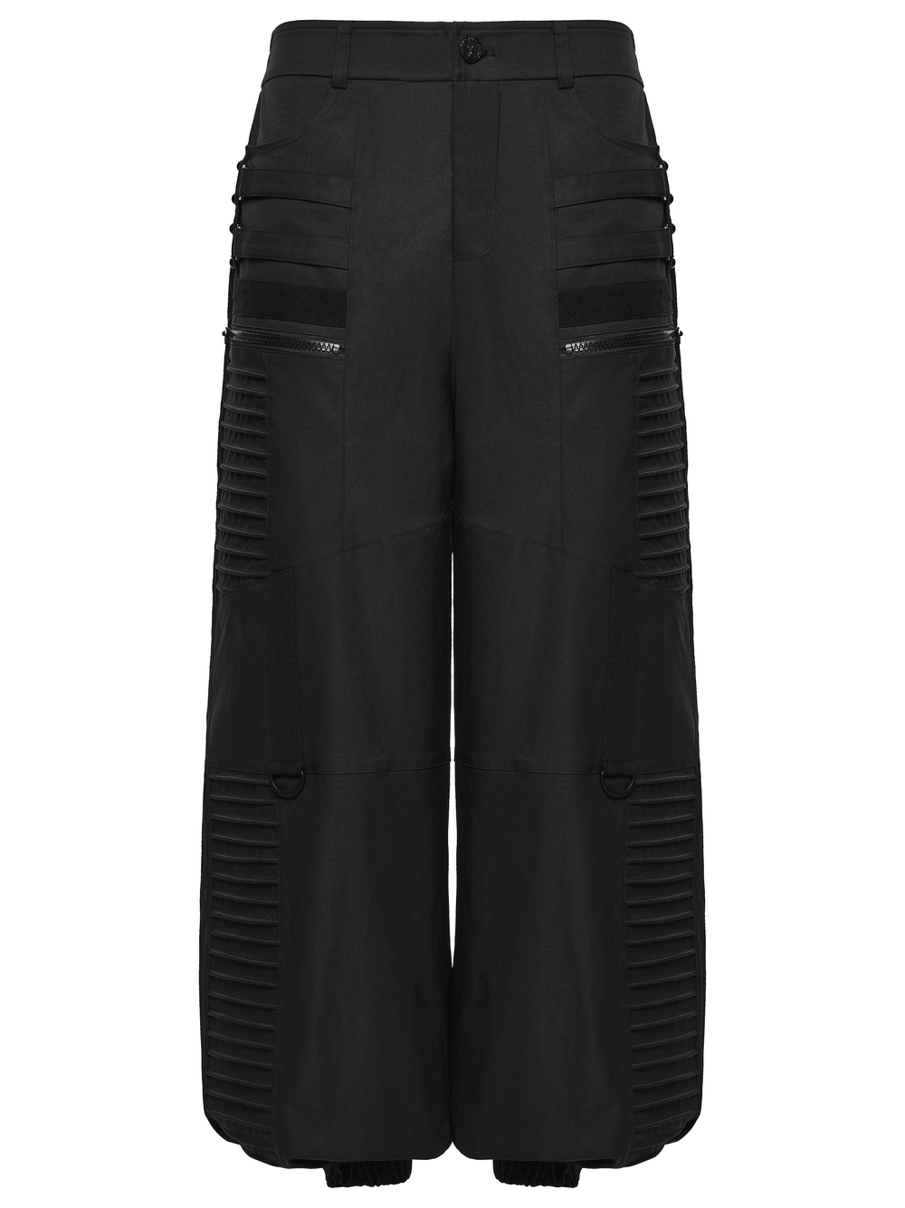 Black Techwear Wide Leg Pants with Pressed Strips featuring a loose streetwear profile and stylish 3D pressed details.