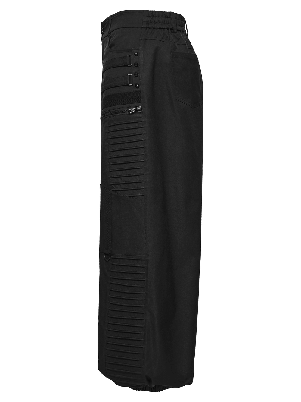 Black Techwear Wide Leg Pants with Pressed Strips showcasing their sleek, functional design and cyberpunk-inspired style.