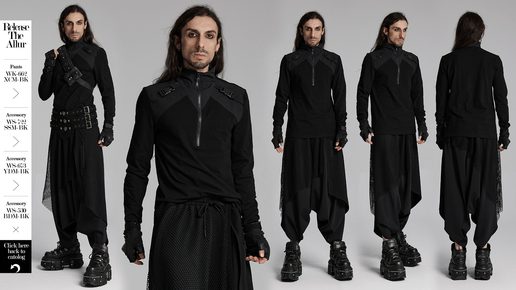 Black Techwear zippered sweatshirt with shoulder buckles, showcasing a stylish cyberpunk look in various angles.